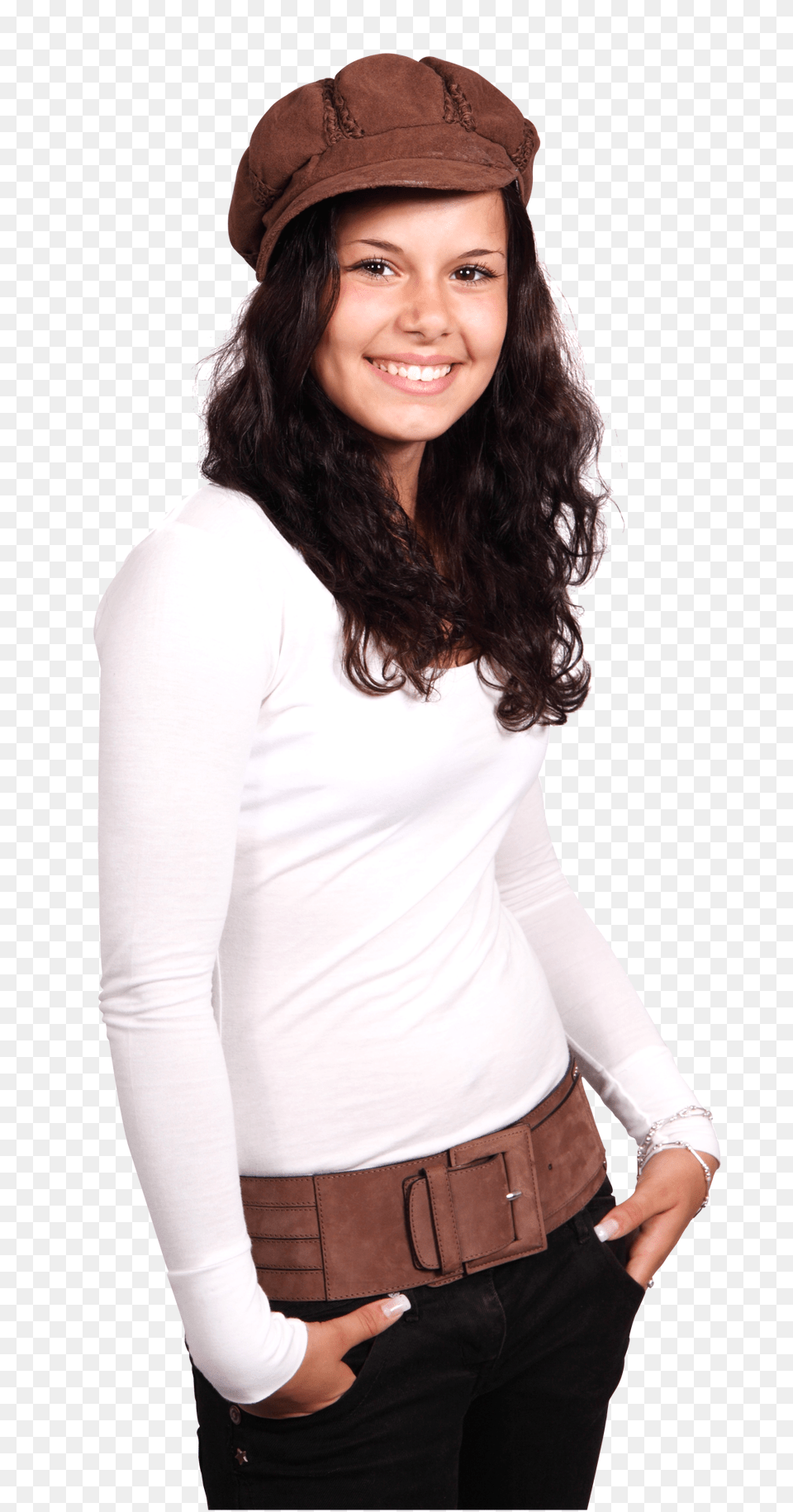 Pngpix Com Young Smiling Woman Wearing A White T Shirt And Brown Cap Sleeve, Long Sleeve, Hat, Clothing Png Image