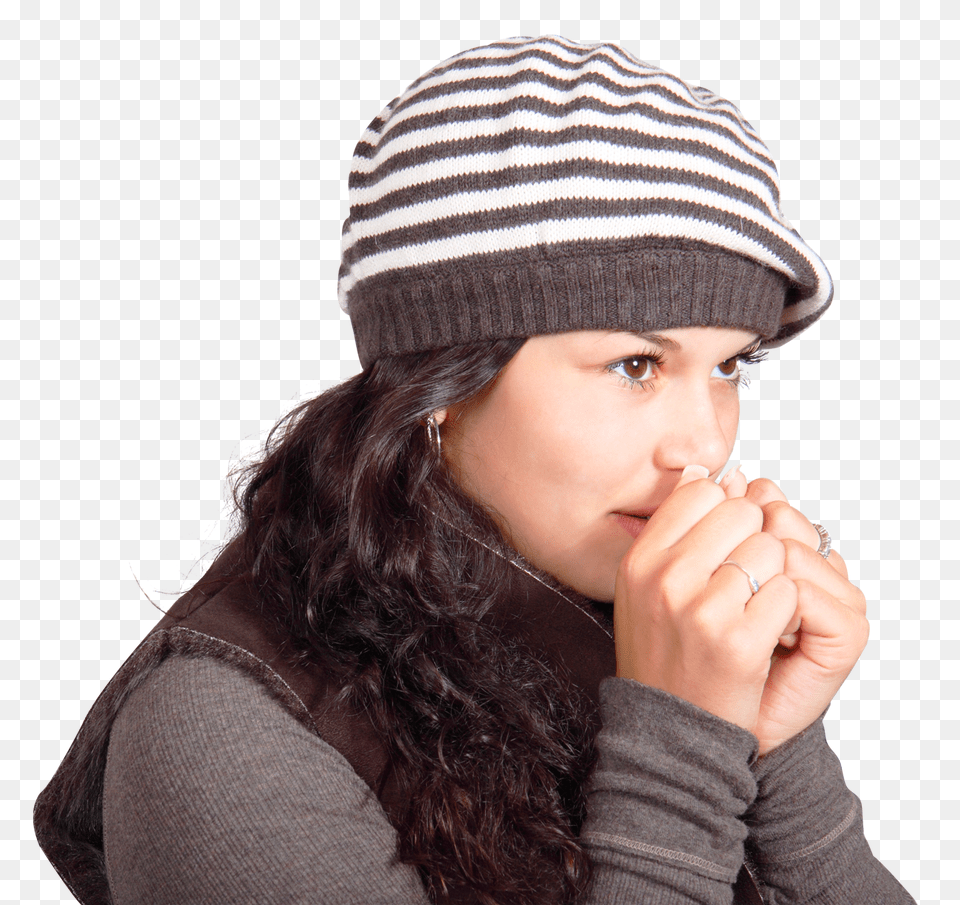 Pngpix Com Young Woman Her Hands By Breath Image, Beanie, Cap, Clothing, Hat Png