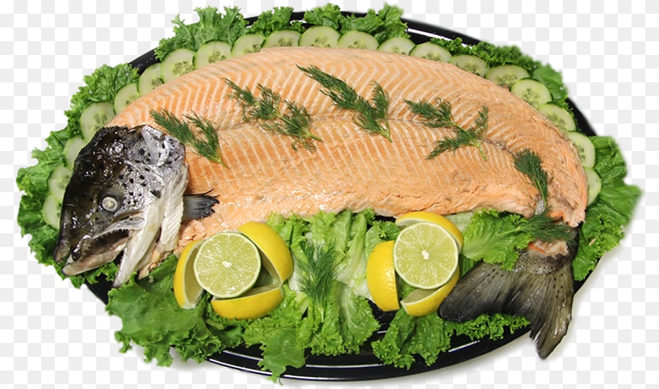 Poached Whole Salmon Platter Fried Fish, Food, Meal, Seafood, Plate Png Image