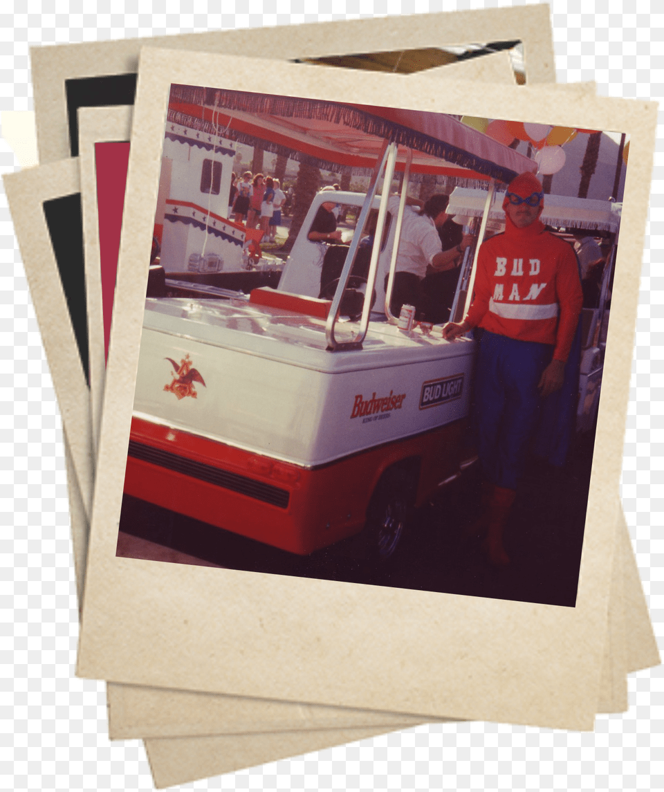 Polaroid Of Bud Man And Budweiser Stand In The 80s Polaroid, Woman, Person, Male, Female Png Image