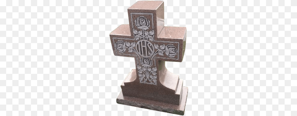 Polished Cross Tombstone With Deep Carved Roses For Cross, Symbol, Tomb, Gravestone Png Image