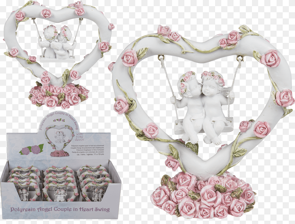 Polyresin Angel Couple In Heart Swing With Pink Coloured Rose Png