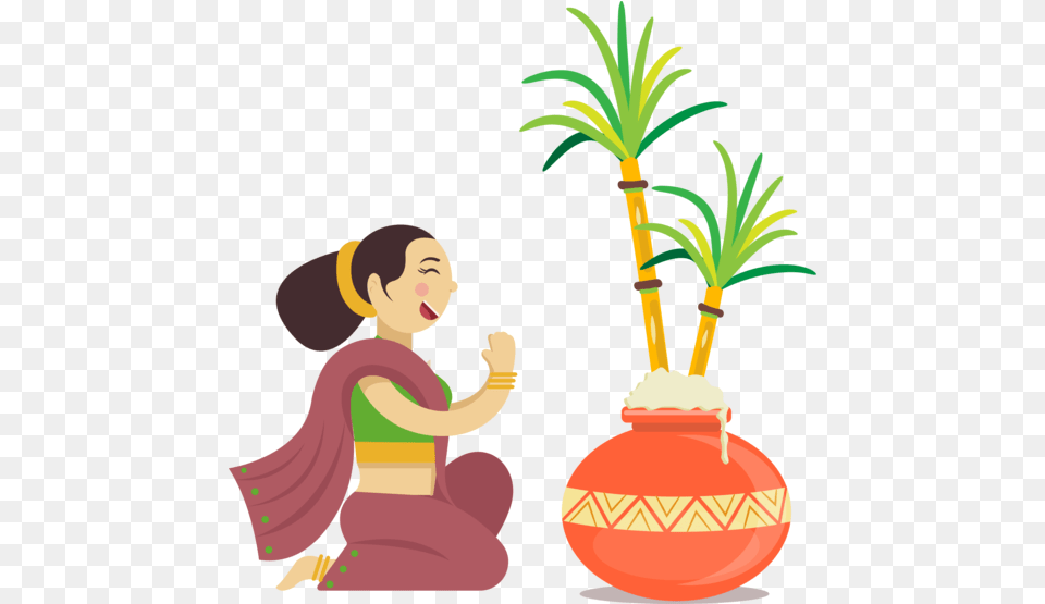 Pongal Flowerpot Houseplant Palm Tree For Thai Cartoon Pongal Pot, Baby, Person, Plant, Face Png