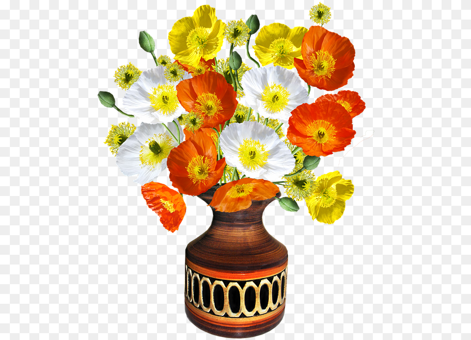 Poppies Vase Flower, Flower Arrangement, Flower Bouquet, Plant, Pottery Png Image