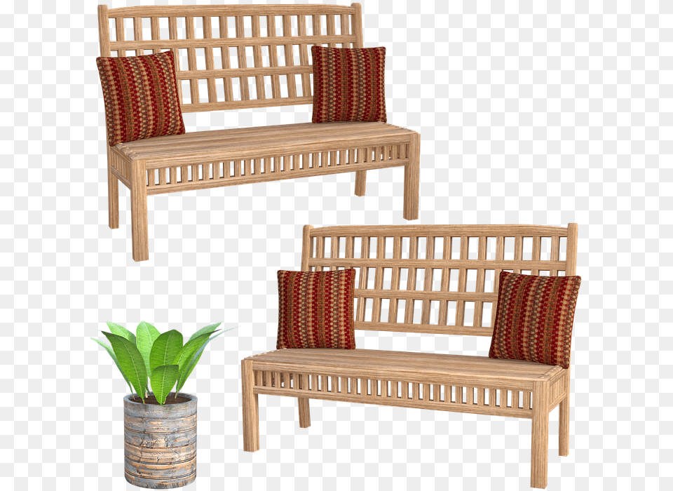Porch Furniture 3d Render Wooden Pillows Bench, Plant, Couch, Potted Plant, Cushion Png Image
