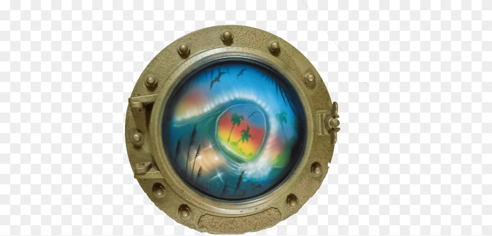 Porthole Round Decorative With Curling Wave And Palm Circle, Window Free Png