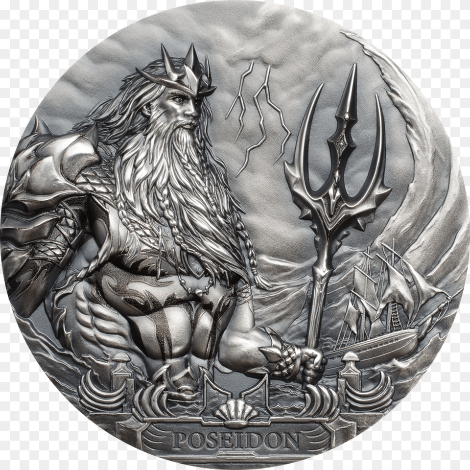 Poseidon Sea Gods Of The World 3 Oz Silver Coin 20 Poseidon Coin, Person, Face, Head Png