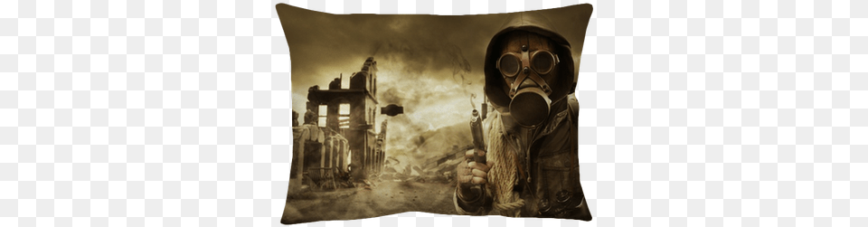 Post Apocalyptic Survivor In Gas Mask Throw Pillow Post Apocalyptic Survivor, Adult, Male, Man, Person Free Png