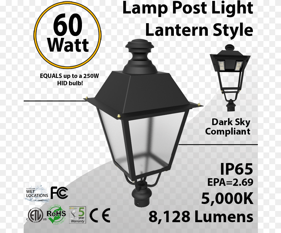 Post Light 60w Led Lantern Style 8128 Lm 5000k Etl Dlc Federal Communications Commission, Lamp, Lampshade Free Png Download