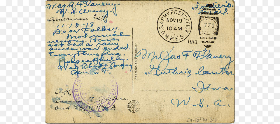 Postcard Mailed From France World War I Postcard From World War, Envelope, Mail, White Board Free Png Download