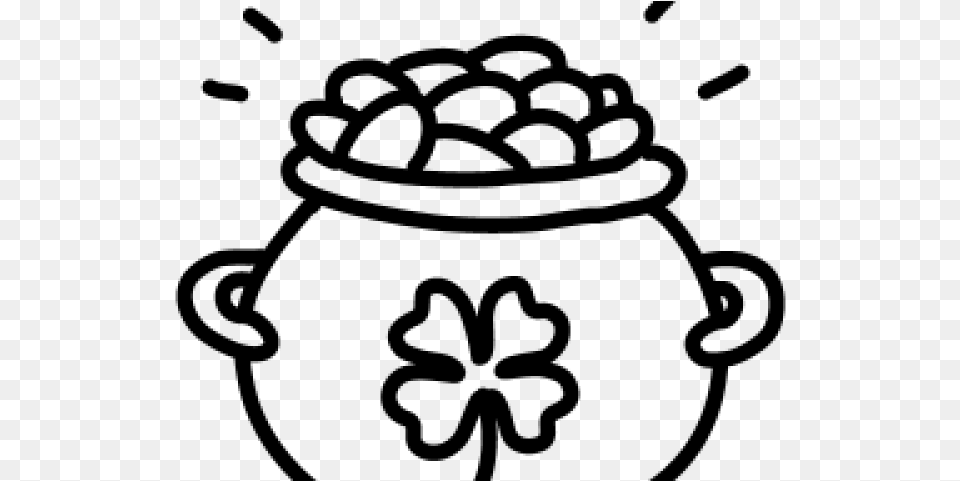 Pot Of Gold Outline Leprechaun And Clover Clipart Black And White, Gray Png