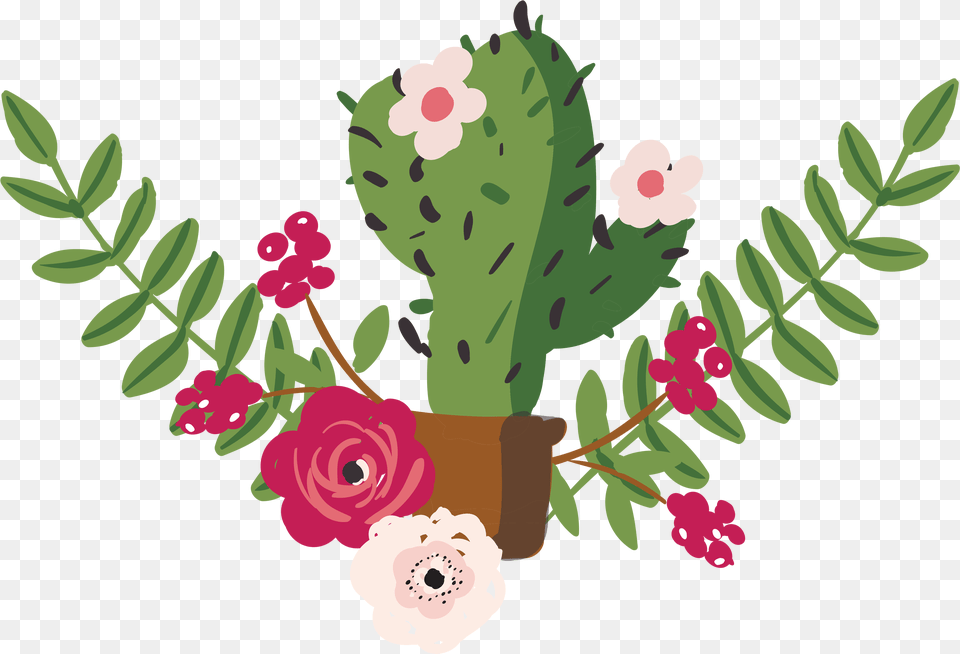 Potted Flowers Flowers And Cactus Drawing, Art, Floral Design, Flower, Flower Arrangement Free Png