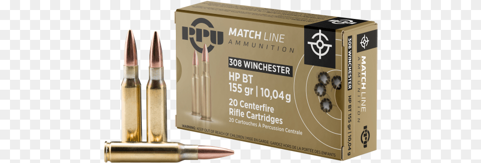 Ppu Ppm3081 Match 308 Win762 Nato 155 Gr Hollow Point Boat Match Line 8mm Mauser, Ammunition, Weapon, Bullet Png