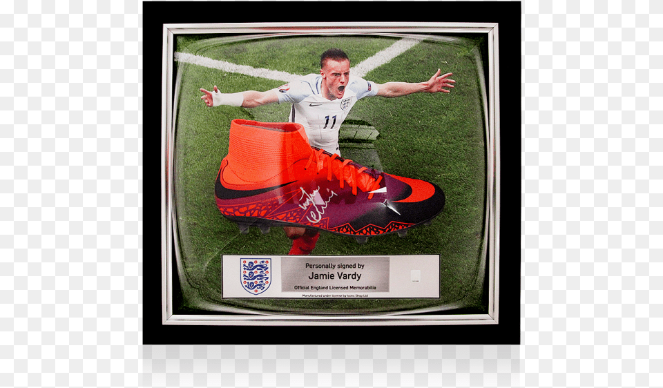 Pre Framed Jamie Vardy Official England Signed And Nike Hypervenom 3 Jamie Vardy, Adult, Shoe, Person, Man Free Png