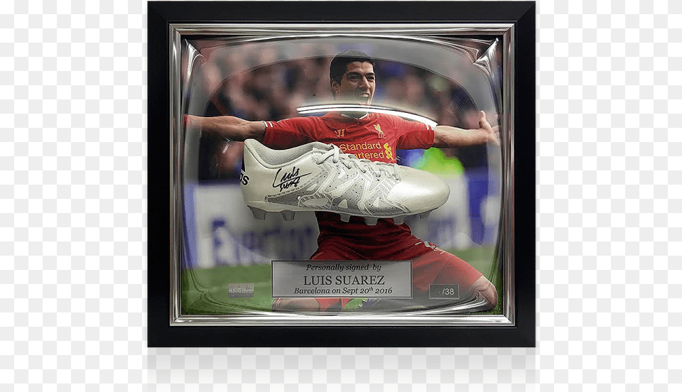 Pre Framed Luis Suarez Signed And Liverpool Framed Adidas X 154 Fxg Men Shoes Football, Clothing, Footwear, Running Shoe, Shoe Free Png