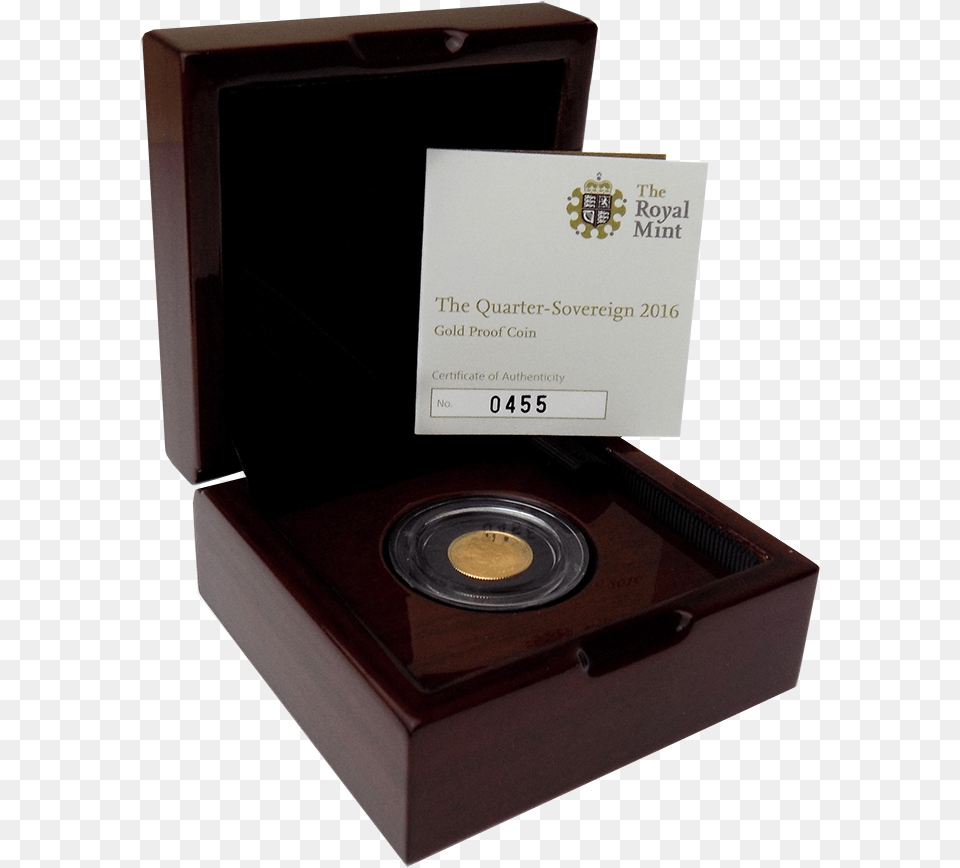 Pre Owned 2016 Uk Quarter Sovereign Proof Gold Coin Quarter Sovereign, Box, Business Card, Paper, Text Free Png