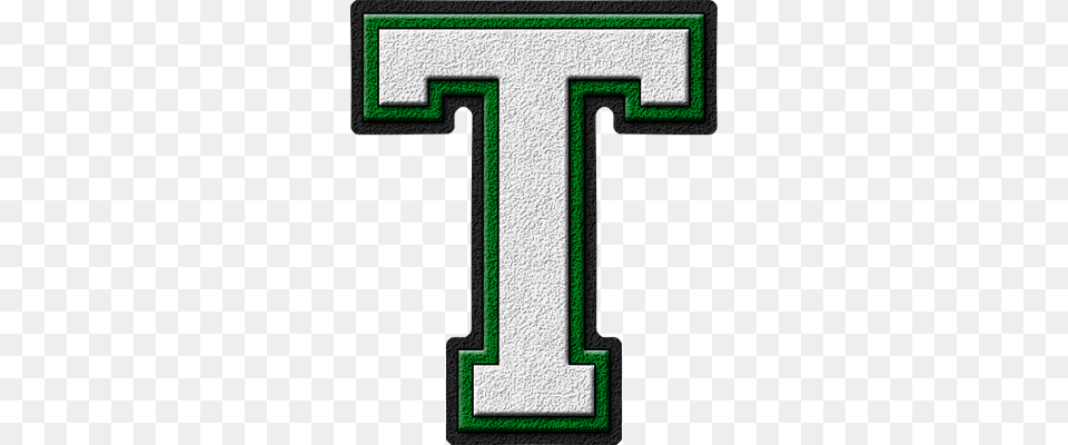 Presentation Alphabets White Green Varsity Letter T, Number, Symbol, Text, Cross Png Image