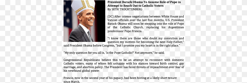 President Barack Obama To Assume Role Of Pope In Attempt Obama39s Presidency The 44th Chief Of United States, Person, People, Male, Adult Png Image