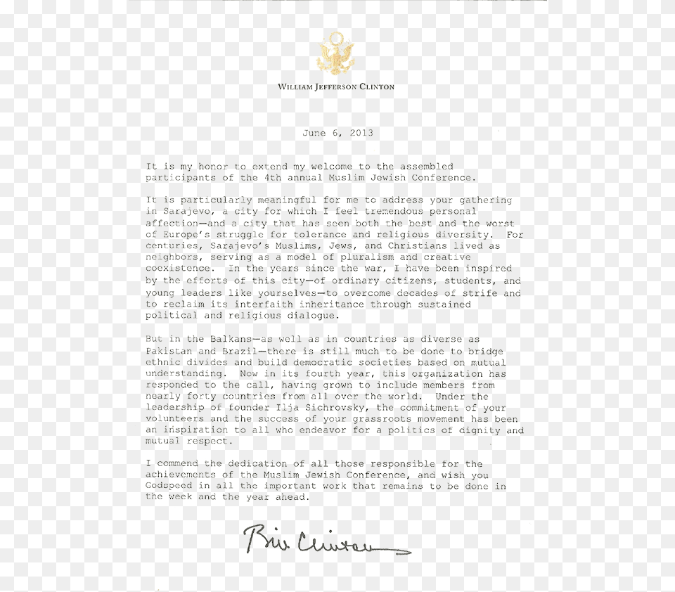 President Clinton S Letter To Mjc Greetings To All Letter, Text, Document, Receipt Png Image