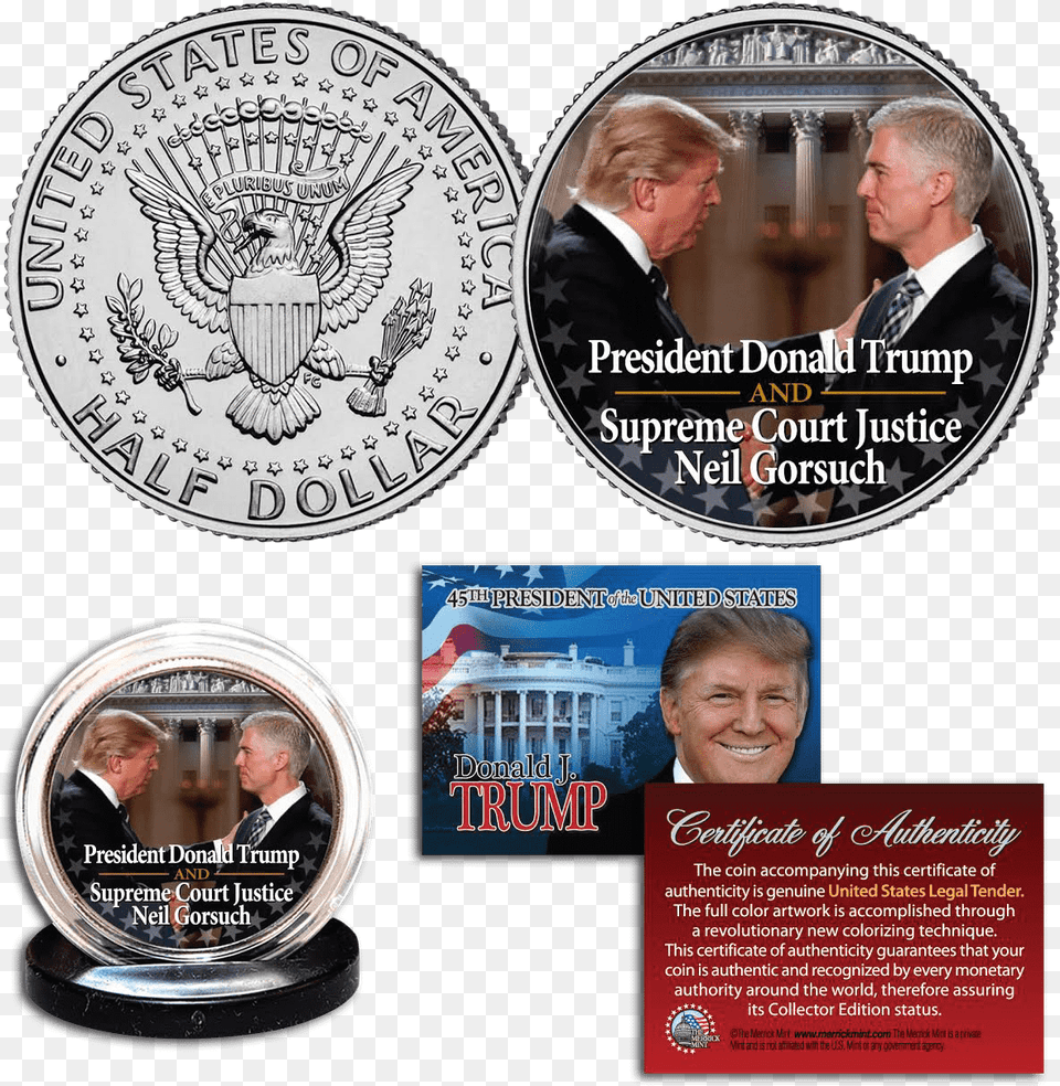 President Trump U0026 Neil Gorsuch Historical Coin Half Dollar Coin 2020, Adult, Wedding, Person, Head Free Transparent Png