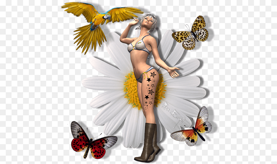 Pretty 3d Woman With Macaw And Butterflies, Tattoo, Skin, Person, Adult Free Png