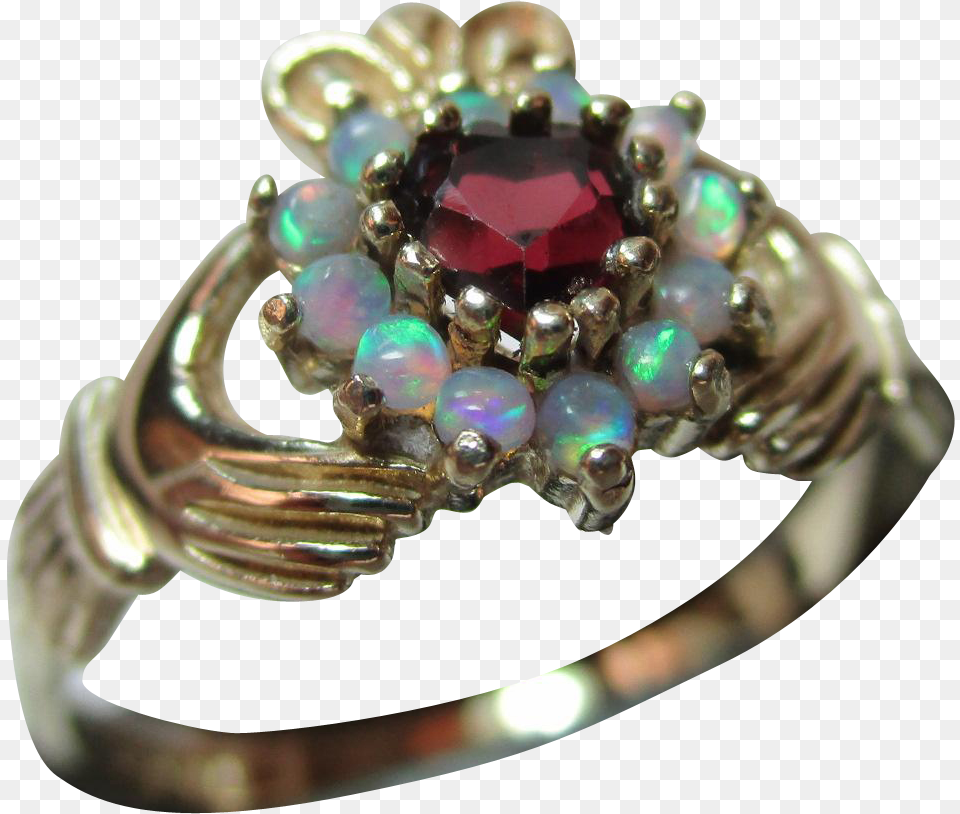 Pretty Vintage 9ct Solid Gold Opal Garnet Heart Shaped Claddagh With Garnet And Opal, Accessories, Gemstone, Jewelry, Ornament Png Image
