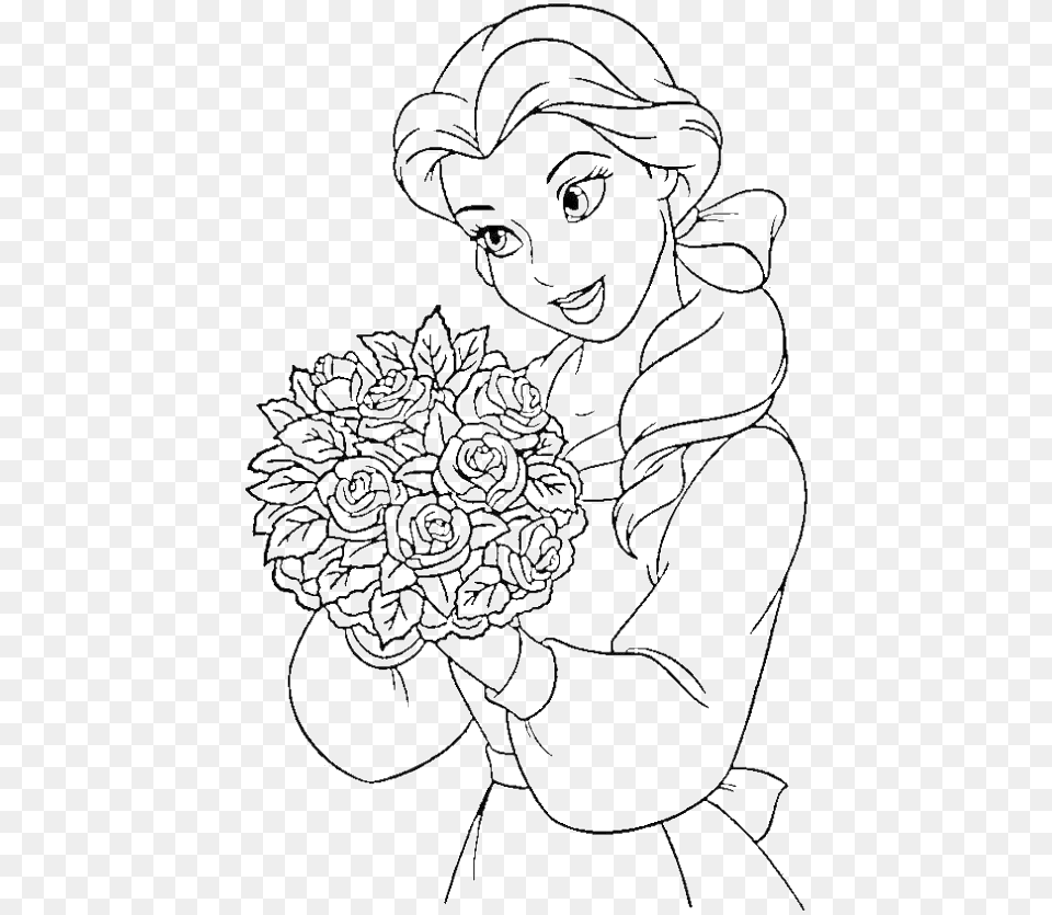 Princess Belle Carry Flowers Coloring Pages Princess With Flowers Coloring Pages, Stencil, Art, Pattern, Head Free Png Download