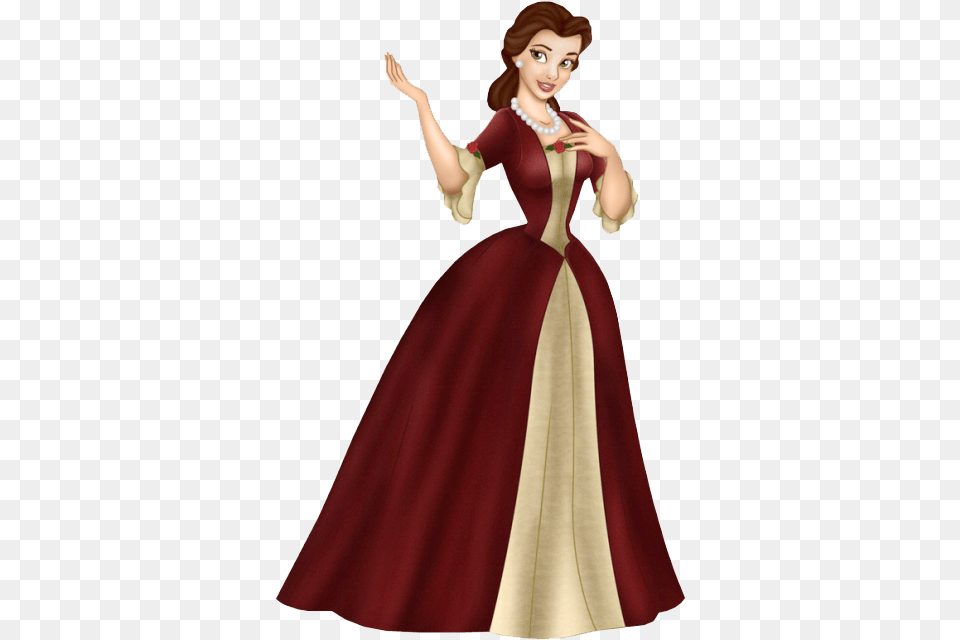 Princess Belle Red Dress With Belle In Her Christmas Dress, Clothing, Fashion, Gown, Formal Wear Png Image