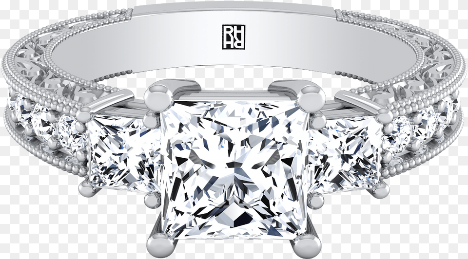 Princess Cut 3 Stone Engagement Ring With Scroll Work Princess Cut, Accessories, Diamond, Gemstone, Jewelry Png