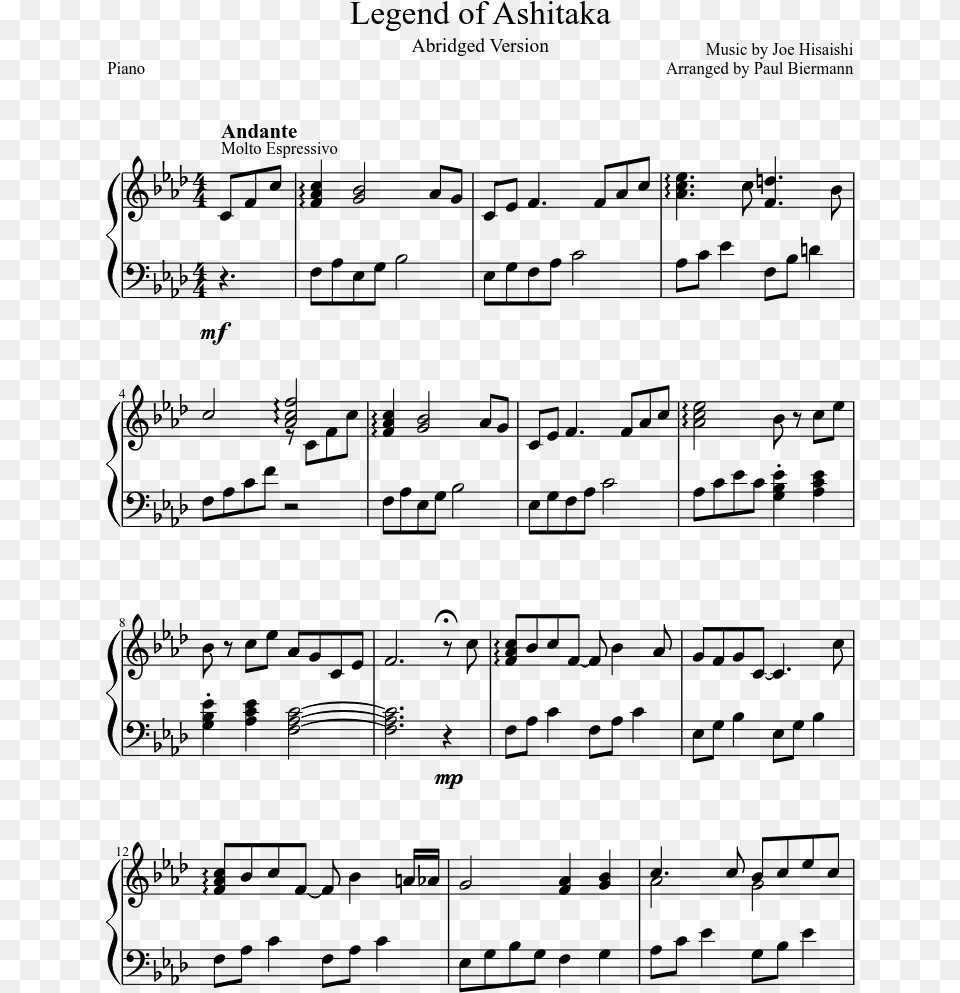Princess Mononoke Piano Sheet Music Princess Mononoke Ave Maria Piazzolla Violin Pdf, Gray Free Png