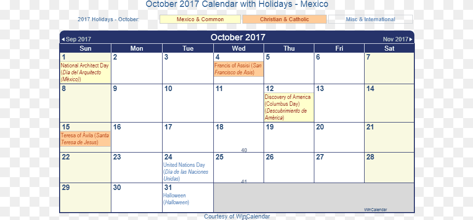 Print Friendly October 2017 Mexico Calendar For Printing Spanish Holidays In June, Text Png Image