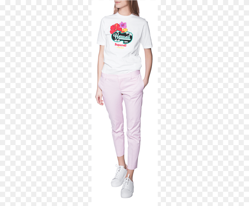 Print White Cotton T Shirt With Girl, Clothing, T-shirt, Footwear, Pants Png Image