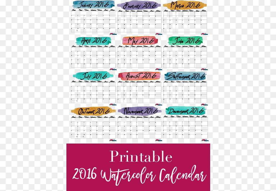 Printable 2016 Watercolor Calendar 01 Calligraphy, Text Free Transparent Png