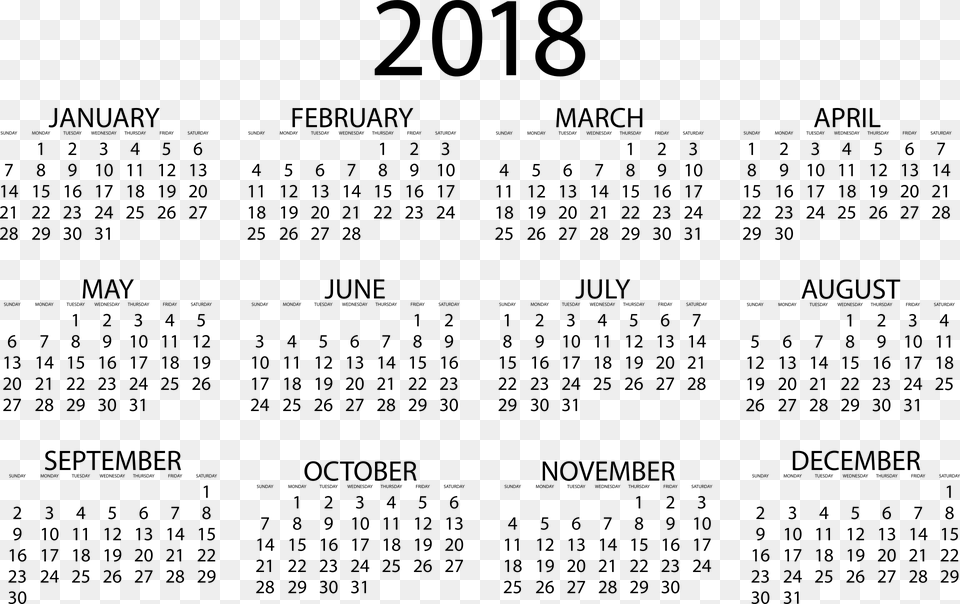 Printable 2018 Calendar Templates 52 Week Calendar 2018, Gray Free Png