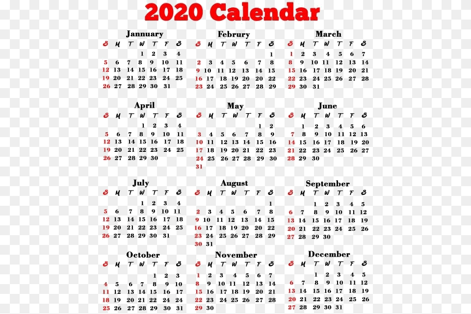Printable 2020 Calendar, Text, Scoreboard Png Image