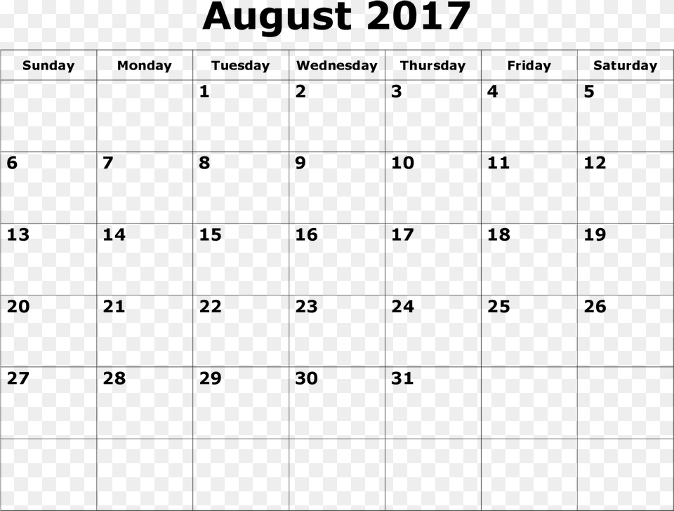 Printable August 2017 Calendar Template Images, Gray Free Transparent Png