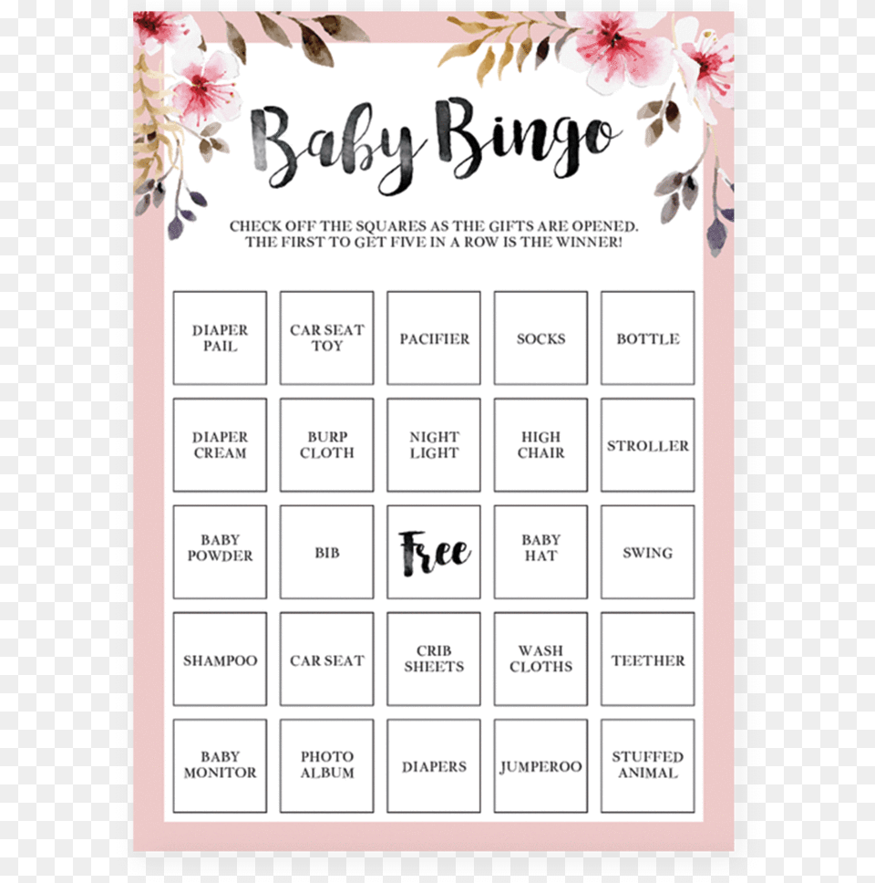 Printable Baby Girl Shower Bingo Cards With Pink Flowers Baby Shower Game Songs, Text Free Transparent Png