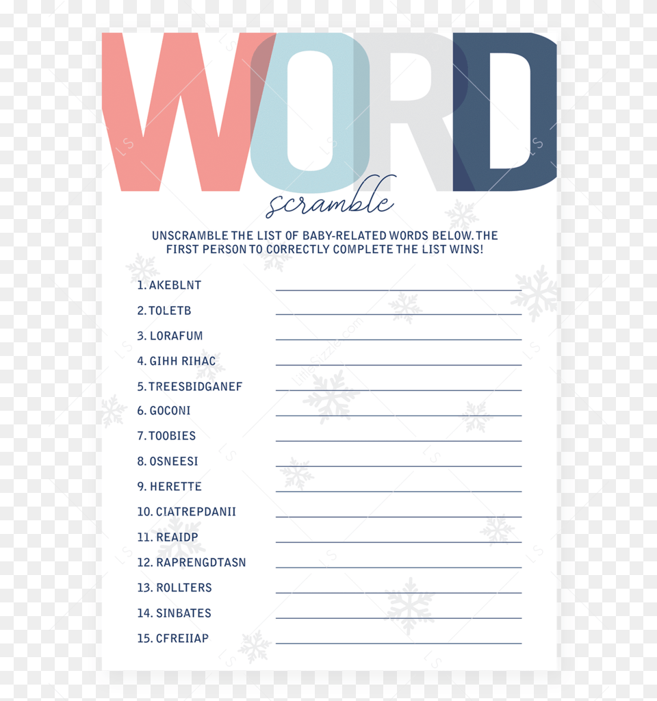 Printable Baby Word Scramble For Winter Shower Document, Page, Text, Publication Png