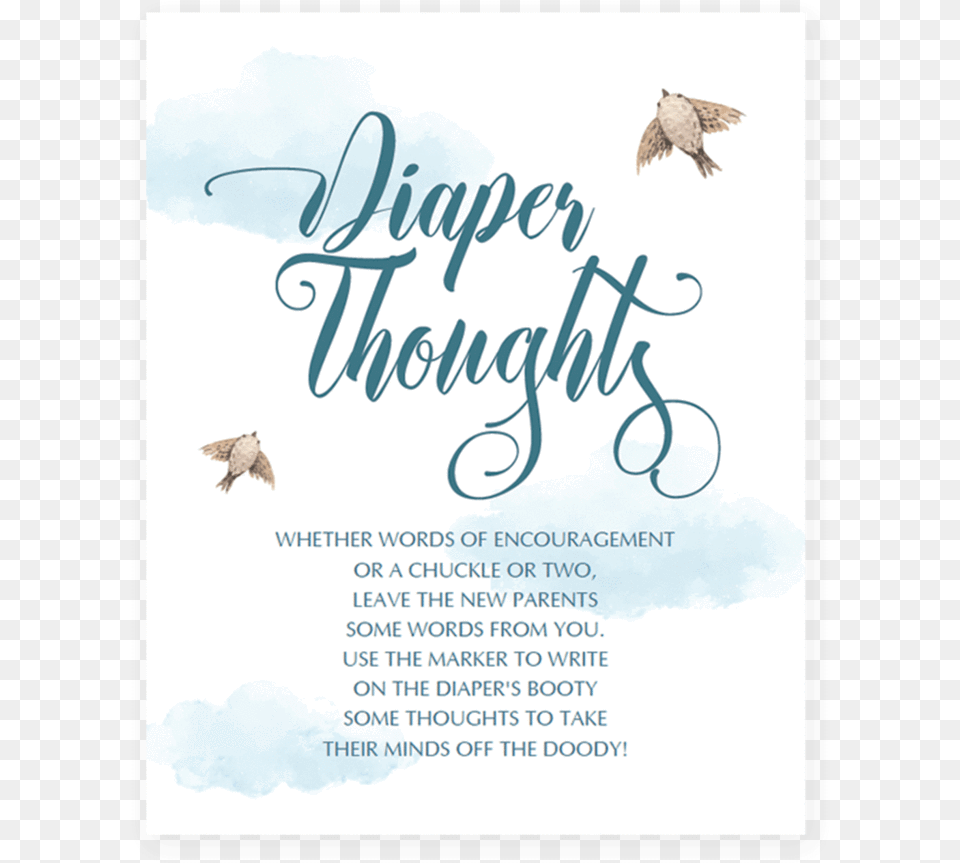 Printable Diaper Thoughts Blue Baby Shower Activity Calligraphy, Advertisement, Poster, Animal, Bird Free Png