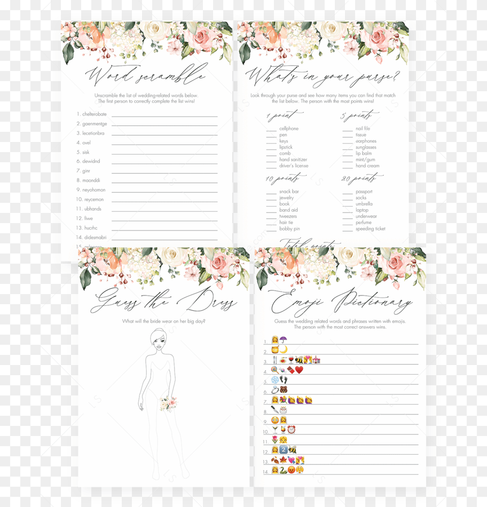Printable Floral Bridal Shower Games Set By Littlesizzle Bridal Shower, Page, Text, Wedding, Person Free Png