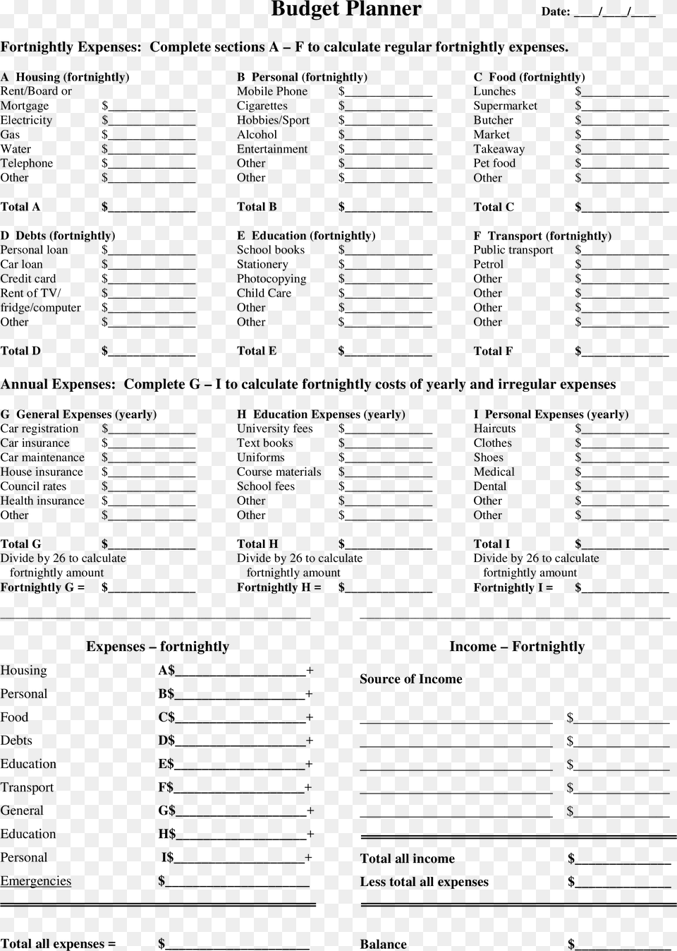 Printable Fortnight Budget Planner Main Image Planning, Gray Free Png