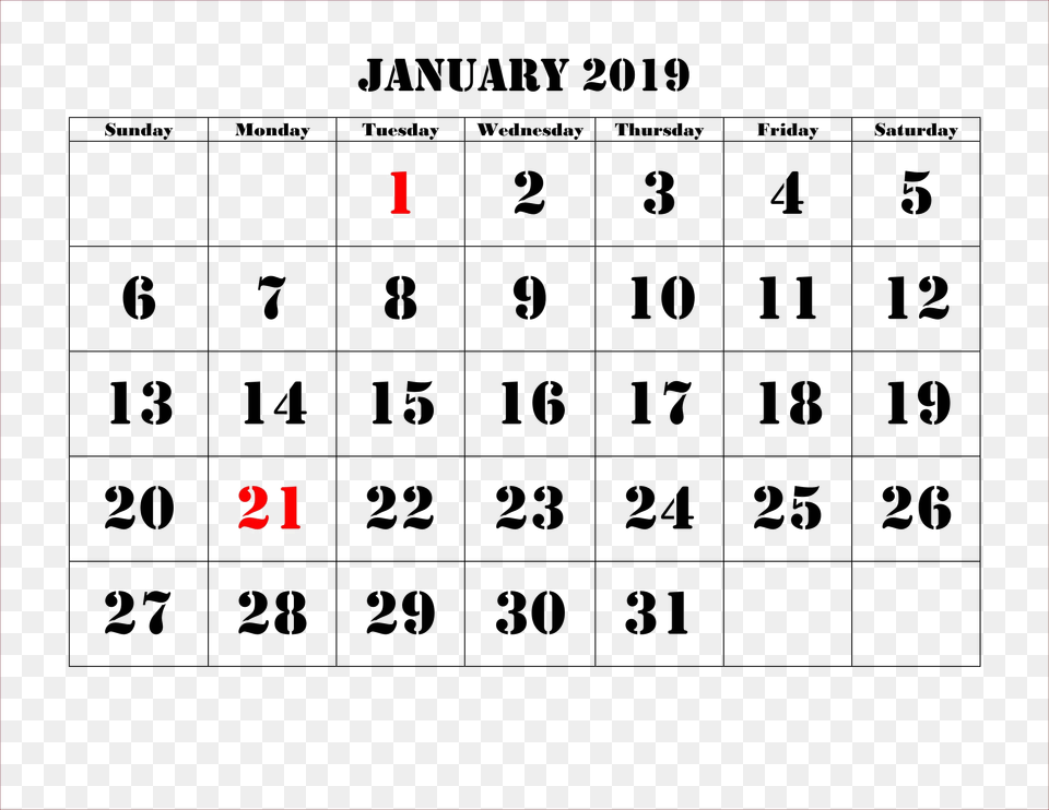 Printable Large Print 2019 Calendar, Text Free Png