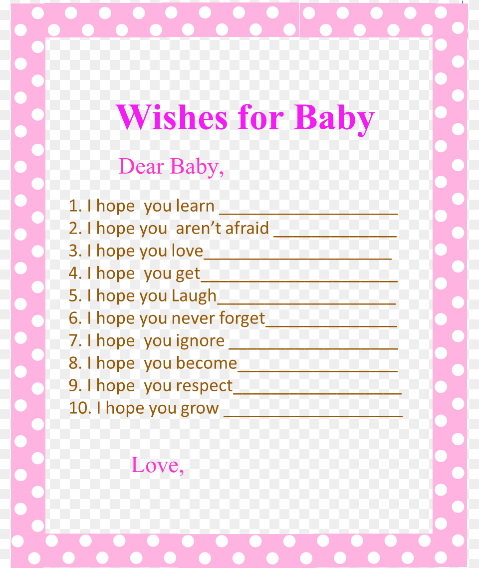 Printable Pink Polka Dots Wishes For Baby Circle, Page, Text, Pattern, Advertisement Free Png