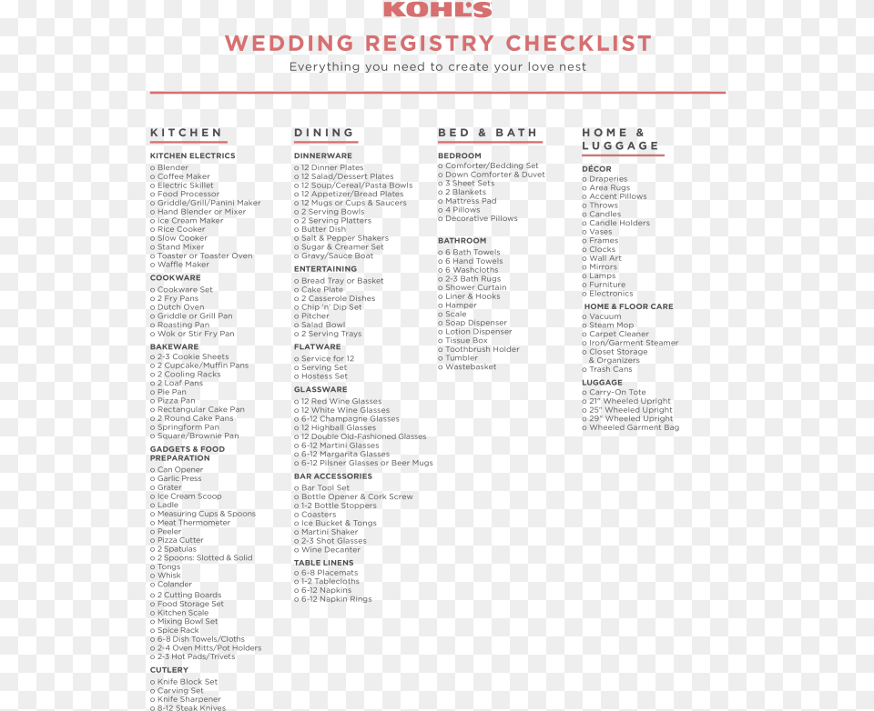 Printable Wedding Registry Checklist Templates Wedding Registry Checklist, Menu, Page, Text Free Png Download