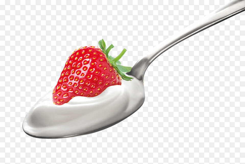 Product Composition Strawberry With Yogurt, Berry, Cutlery, Food, Fruit Png Image
