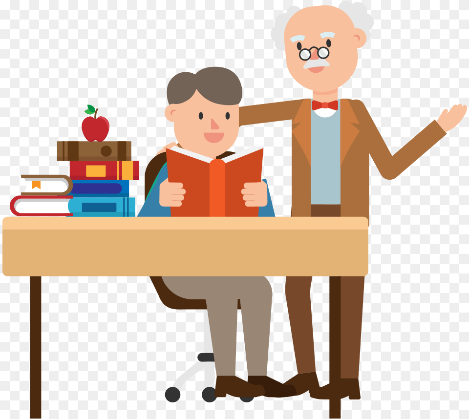 Professor And Student Cartoon, Person, Reading, Furniture, Table Png Image