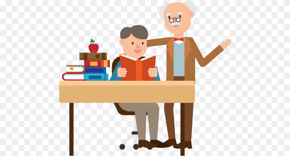 Professor And Student Cartoon Download Professor And Student Cartoon, Person, Reading, Furniture, Table Free Transparent Png