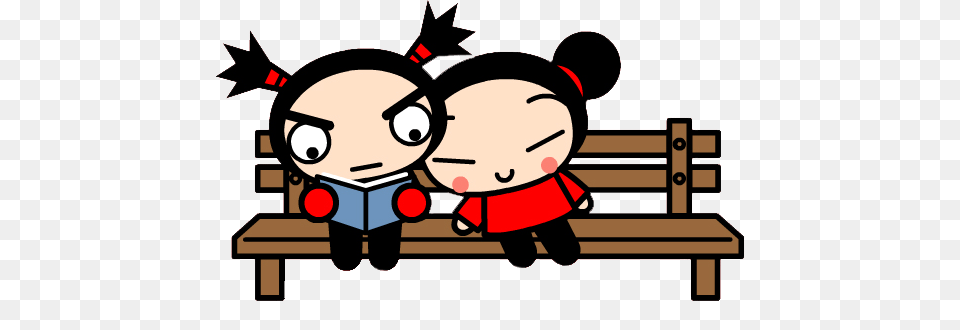 Pucca And Garu Sitting On A Bench, Furniture, Face, Head, Person Free Png Download