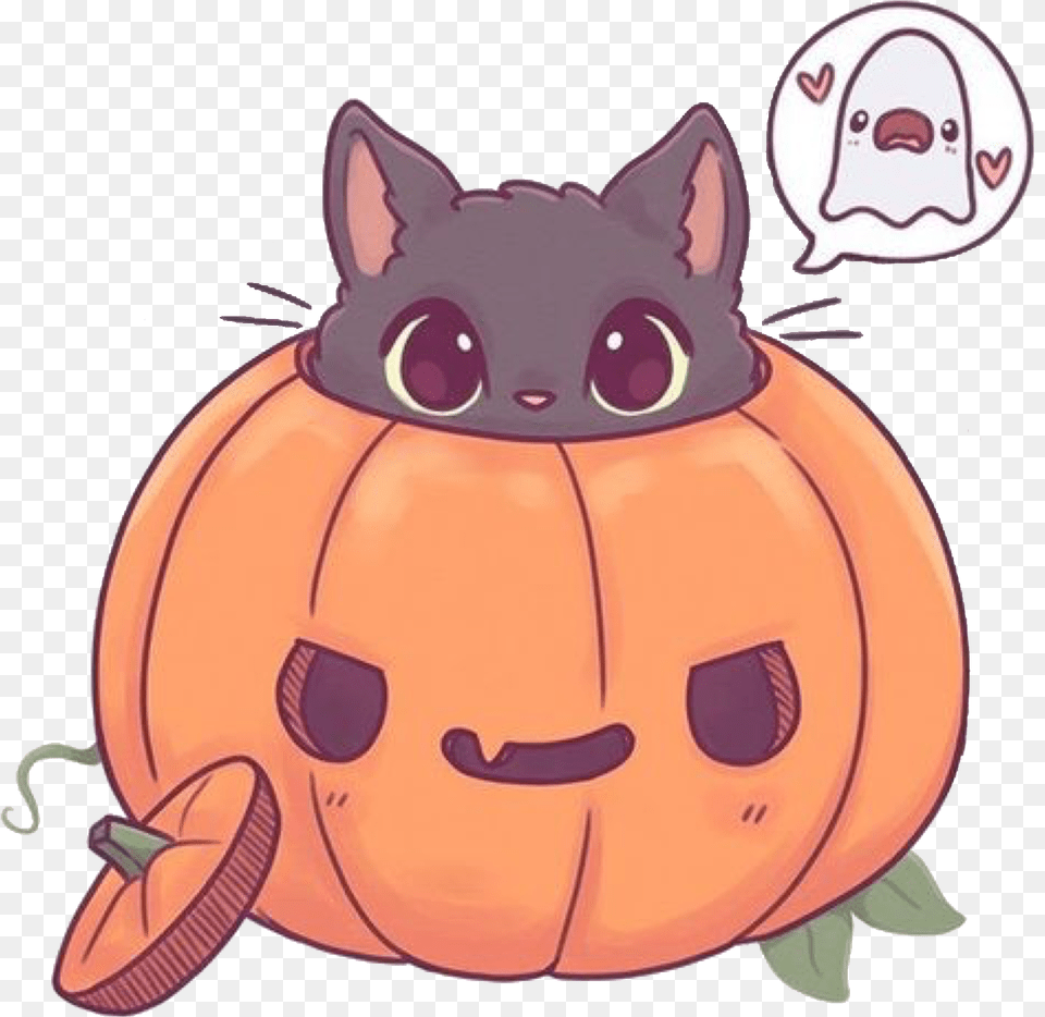 Pumpkin Kitty Kitten Cat Sticker By U2022 Emmicat Cute Halloween Drawings, Food, Plant, Produce, Vegetable Png