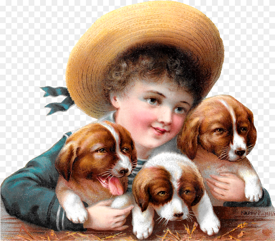 Puppies Dog Boy Image Victorian Illustration Clipart Holding Puppies Clip Art, Clothing, Hat, Portrait, Photography Free Png